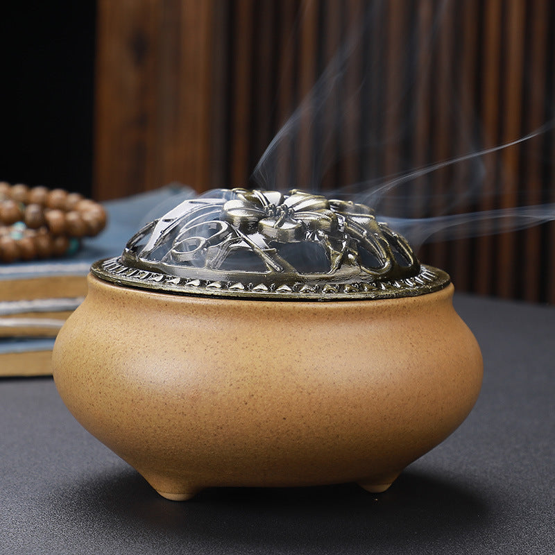 Brûleur d'encens en céramique avec couvercle en cuivre Bouddha
