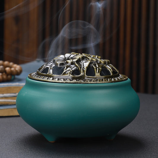 Brûleur d'encens en céramique avec couvercle en cuivre Bouddha