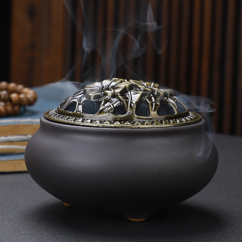 Brûleur d'encens en céramique avec couvercle en cuivre Bouddha