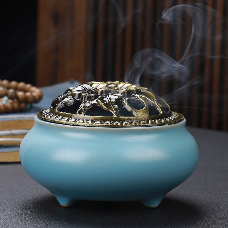 Brûleur d'encens en céramique avec couvercle en cuivre Bouddha