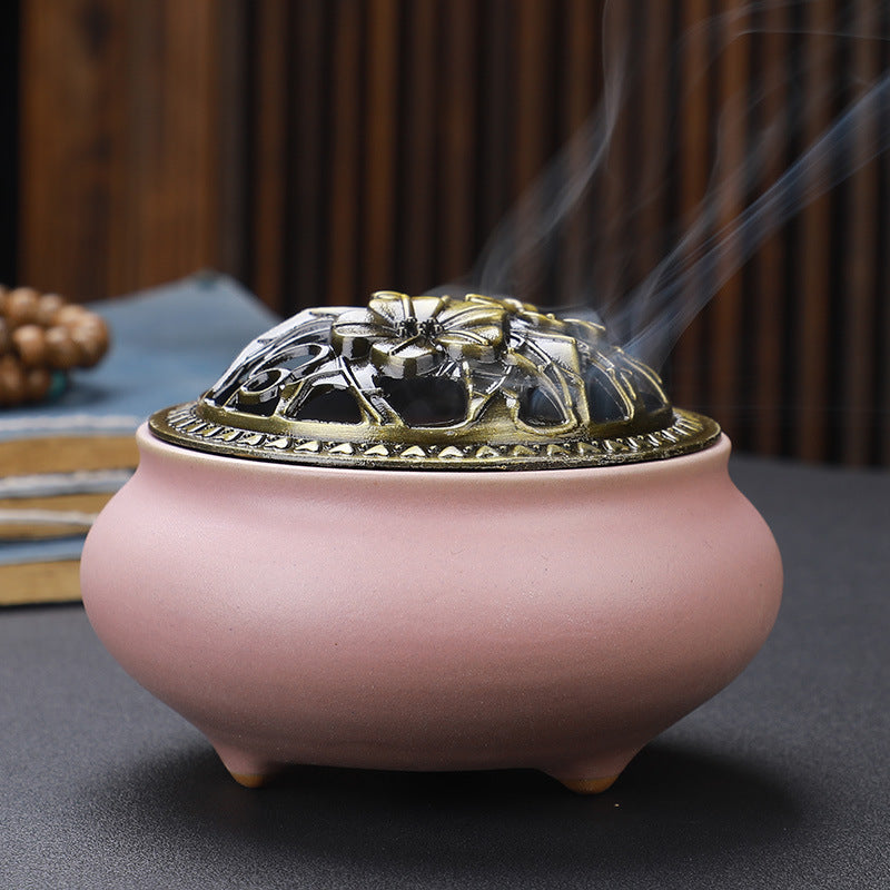Brûleur d'encens en céramique avec couvercle en cuivre Bouddha