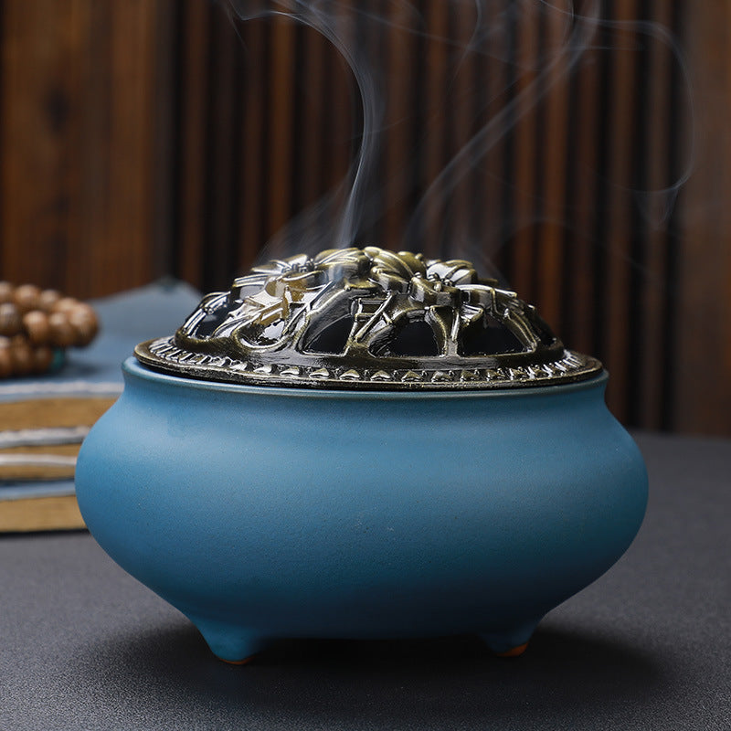 Brûleur d'encens en céramique avec couvercle en cuivre Bouddha