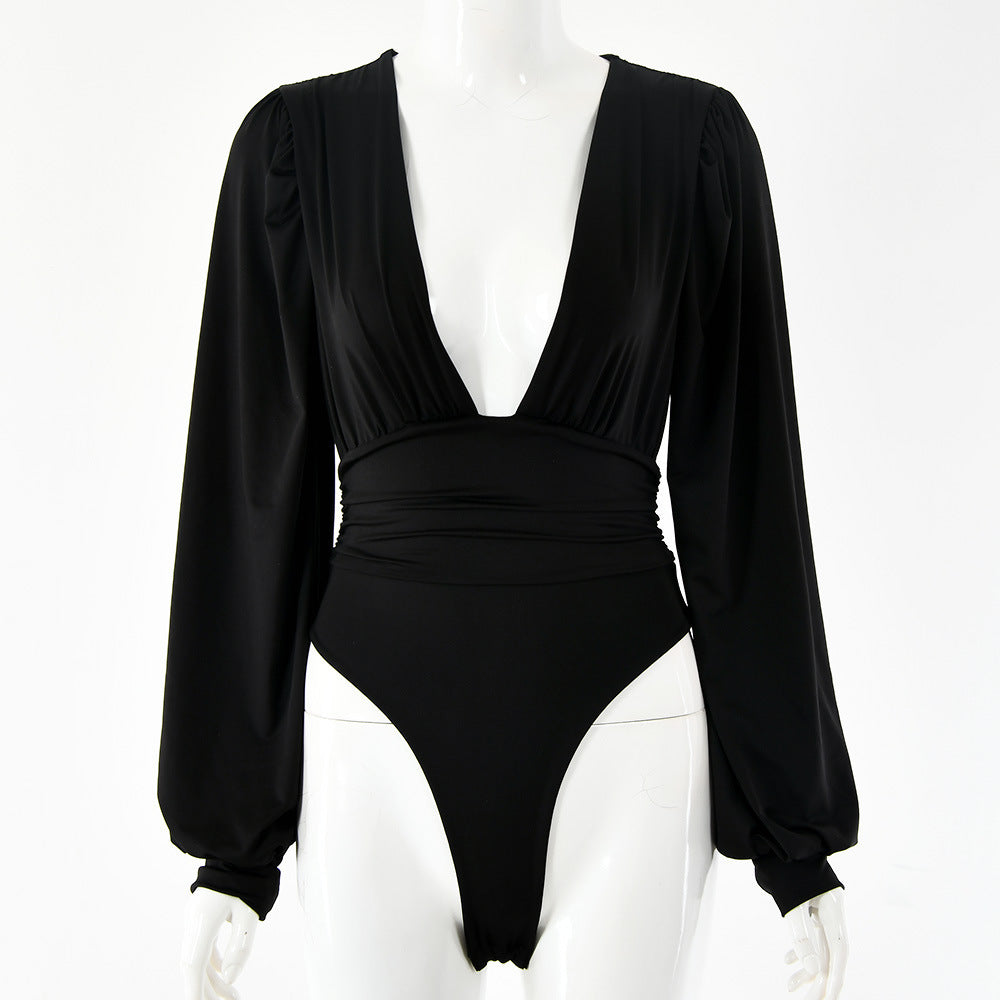 Body à manches longues, taille en V profond et plissé