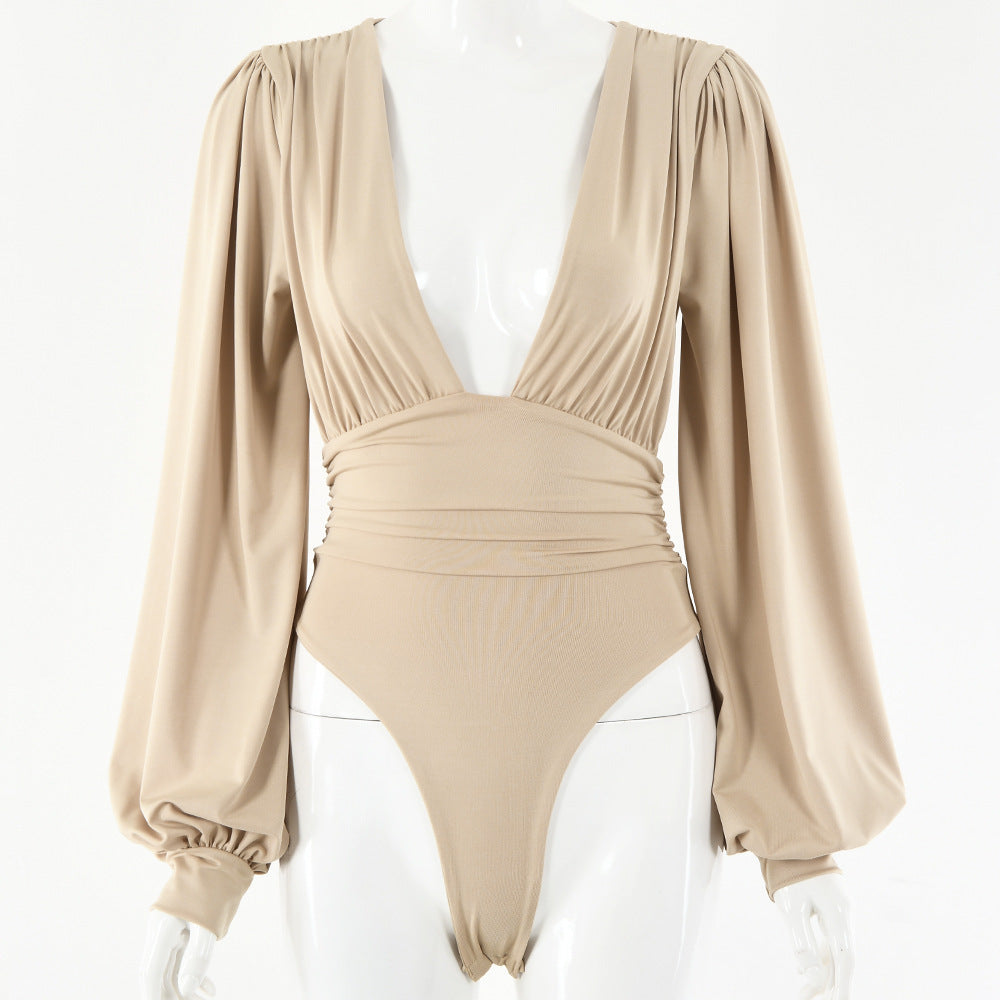 Body à manches longues, taille en V profond et plissé