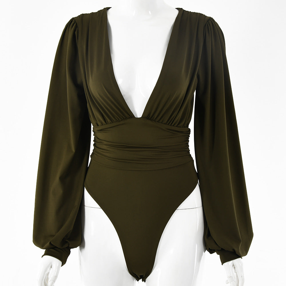 Body à manches longues, taille en V profond et plissé