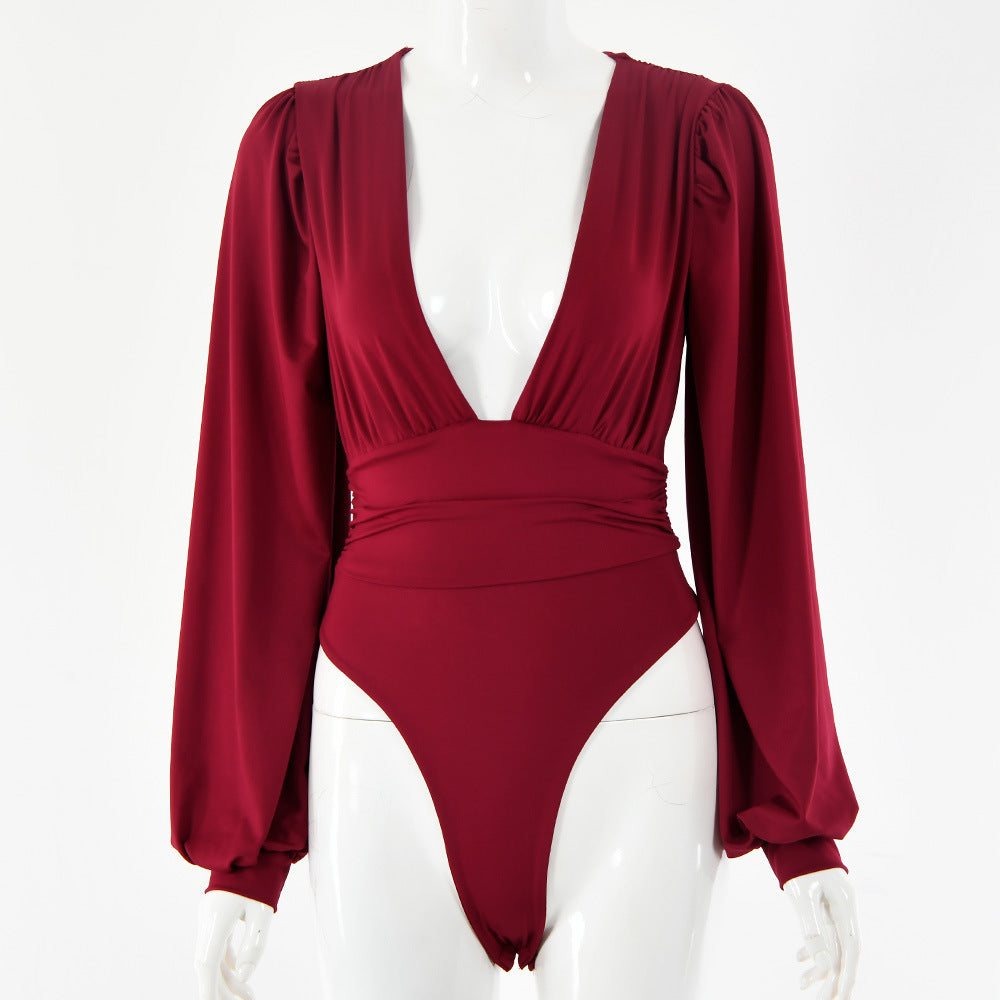Body à manches longues, taille en V profond et plissé
