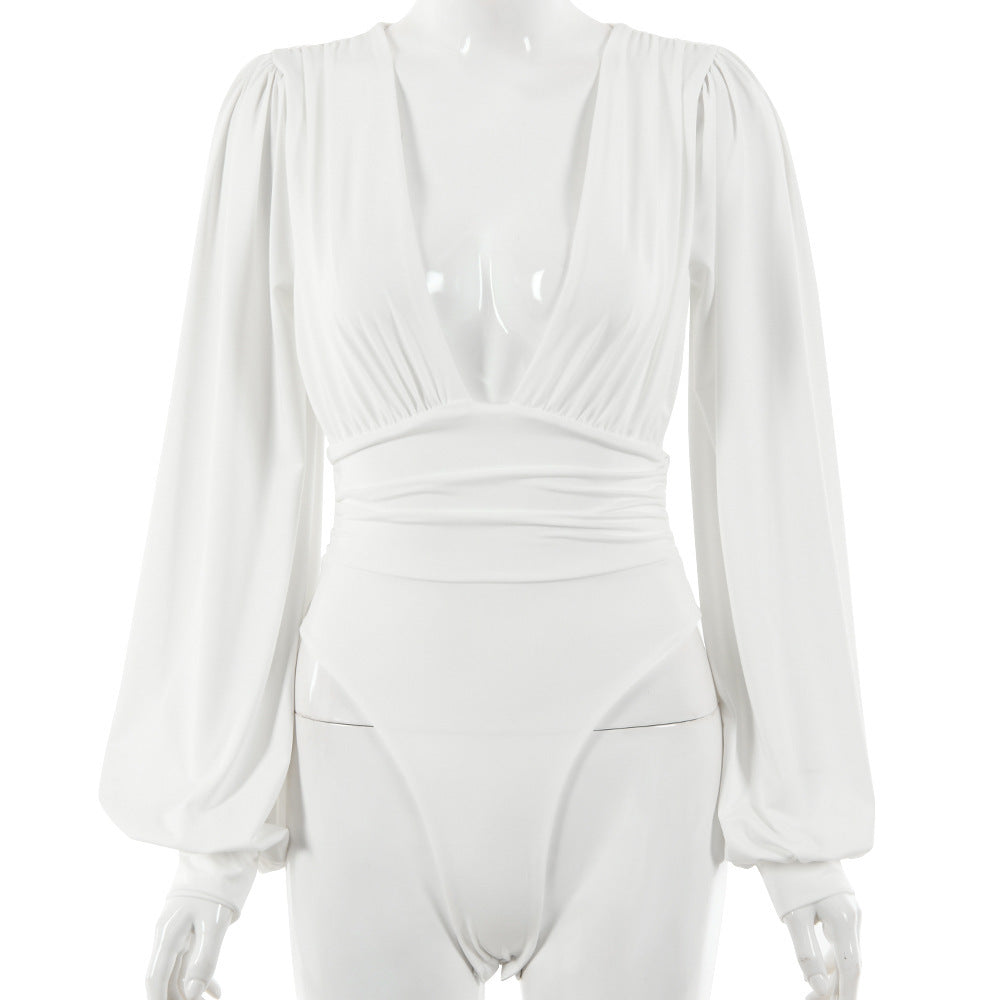 Body à manches longues, taille en V profond et plissé
